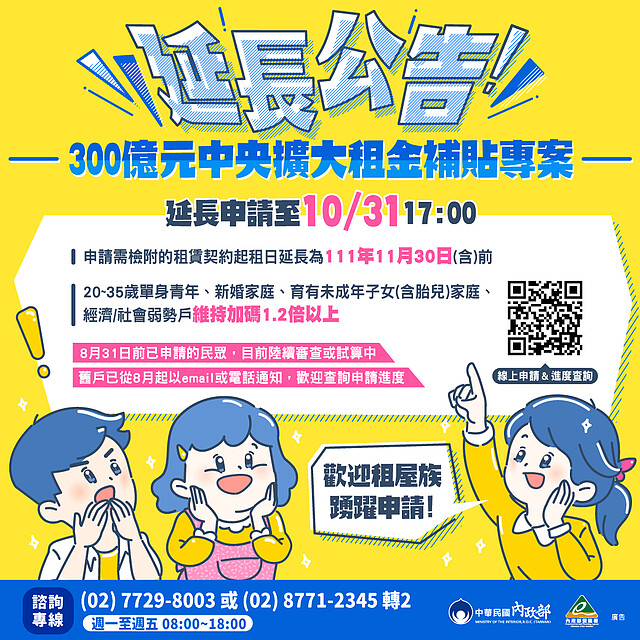 內政部公告今年「300億擴大租金補貼專案」,申請日期延長兩個月至10月31日止。圖/內政部營建署-好康報 官方臉書